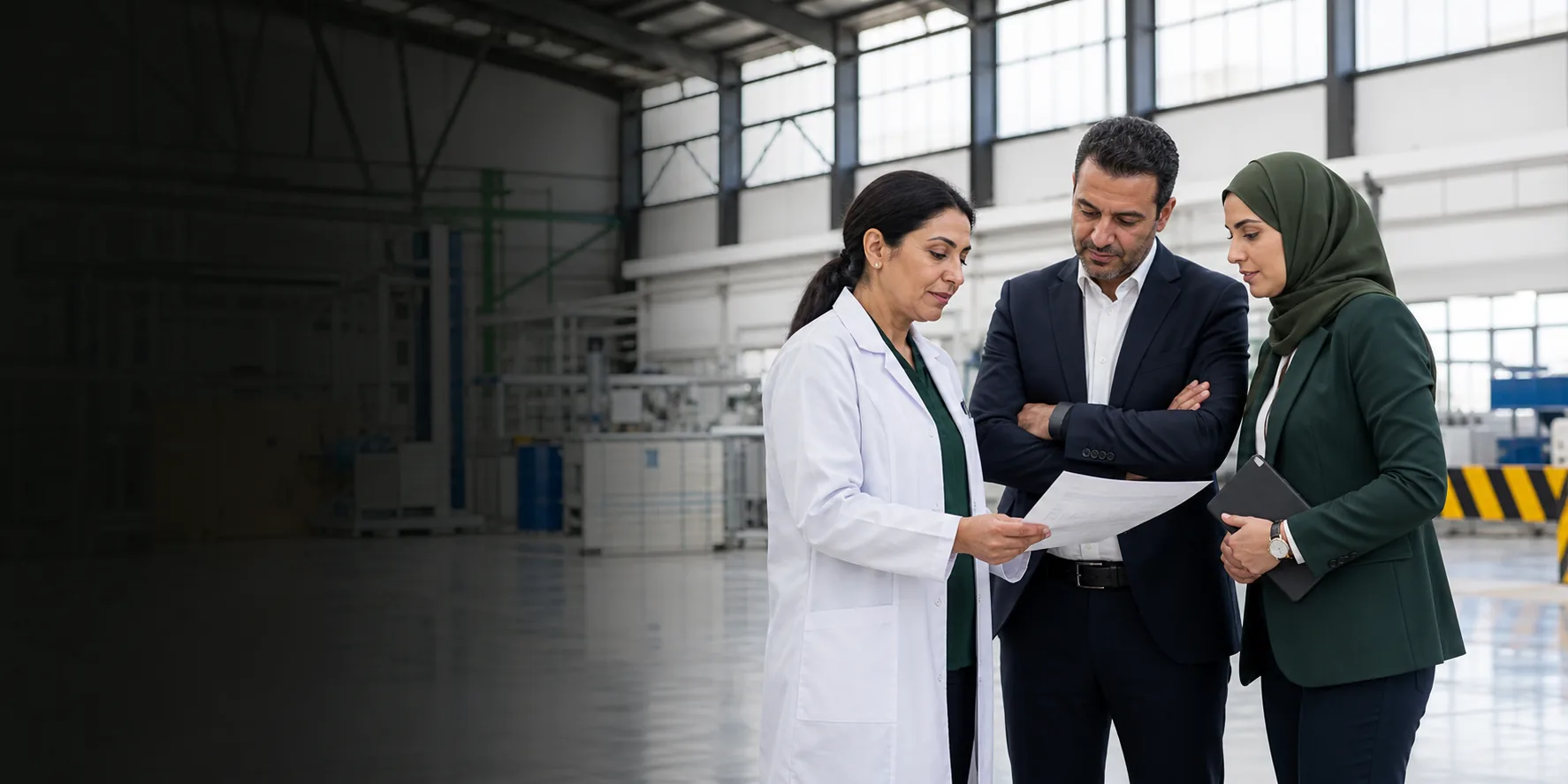 Médecin du travail échangeant avec des responsables d’entreprise dans un environnement professionnel